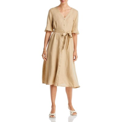 

Женское льняное платье-рубашка DKNY с V-образным вырезом и поясом BHFO 7525, Wheat