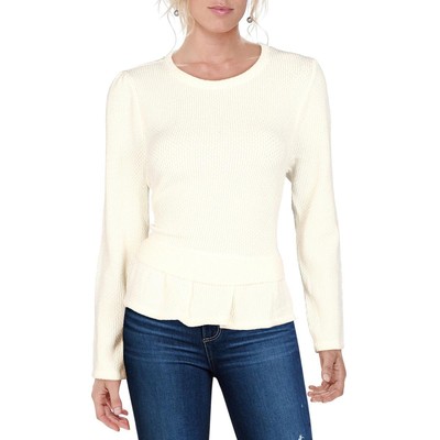 CeCe Womens White Knit Ruffled Puff Sleeves Crewneck Sweater Top M BHFO 0005