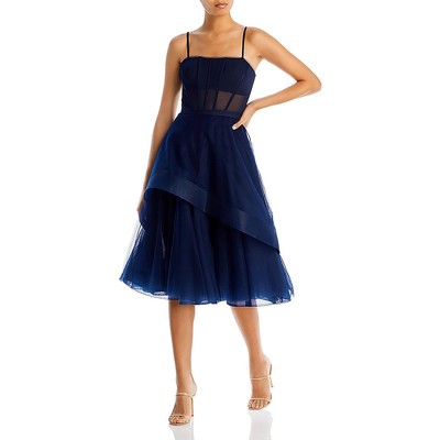BCBGMAXAZRIA Womens Navy Tulle Prom Formal Midi Dress 2 BHFO 6948