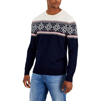 

Club Room Мужской темно-синий шерстяной пуловер с круглым вырезом и длинными рукавами, свитер  BHFO 5313, Cream navy blue