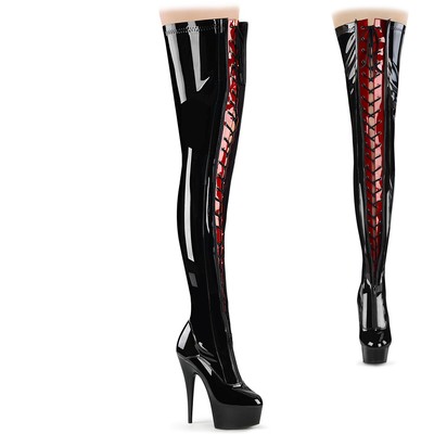 PLEASER DELIGHT-3027 PLEASER HIGH HEELS PLATEAUOVERKNEESTIEFEL SCHWARZ ROT STRETCH DAMEN