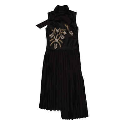 Pre-owned Burberry Ladies Flor Embroidered Asymmetrical Pleated Dress In Black