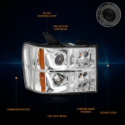 For 07-14 GMC Sierra 1500-3500 LED Halo DRL Projector Headlights Chrome/Amber