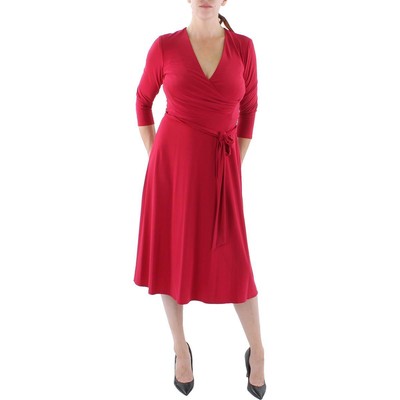 Lauren Ralph Lauren Womens Red Surplice Calf Business Midi Dress 6 BHFO 7609
