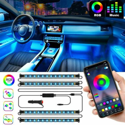 4x RGB LED Strip Car Interior Floor Atmosphere Light Bluetooth Phone App Control