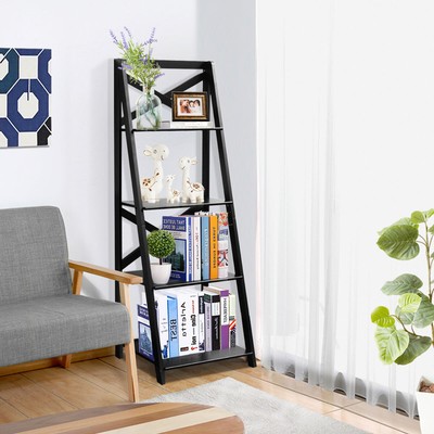 4-Tier Ladder Shelf Bookshelf Bookcase Storage Display Leaning Home Office Decor