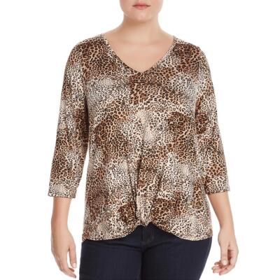 

Женская футболка с узлом спереди Status by Chenault Top Plus BHFO 9243, Brown leopard