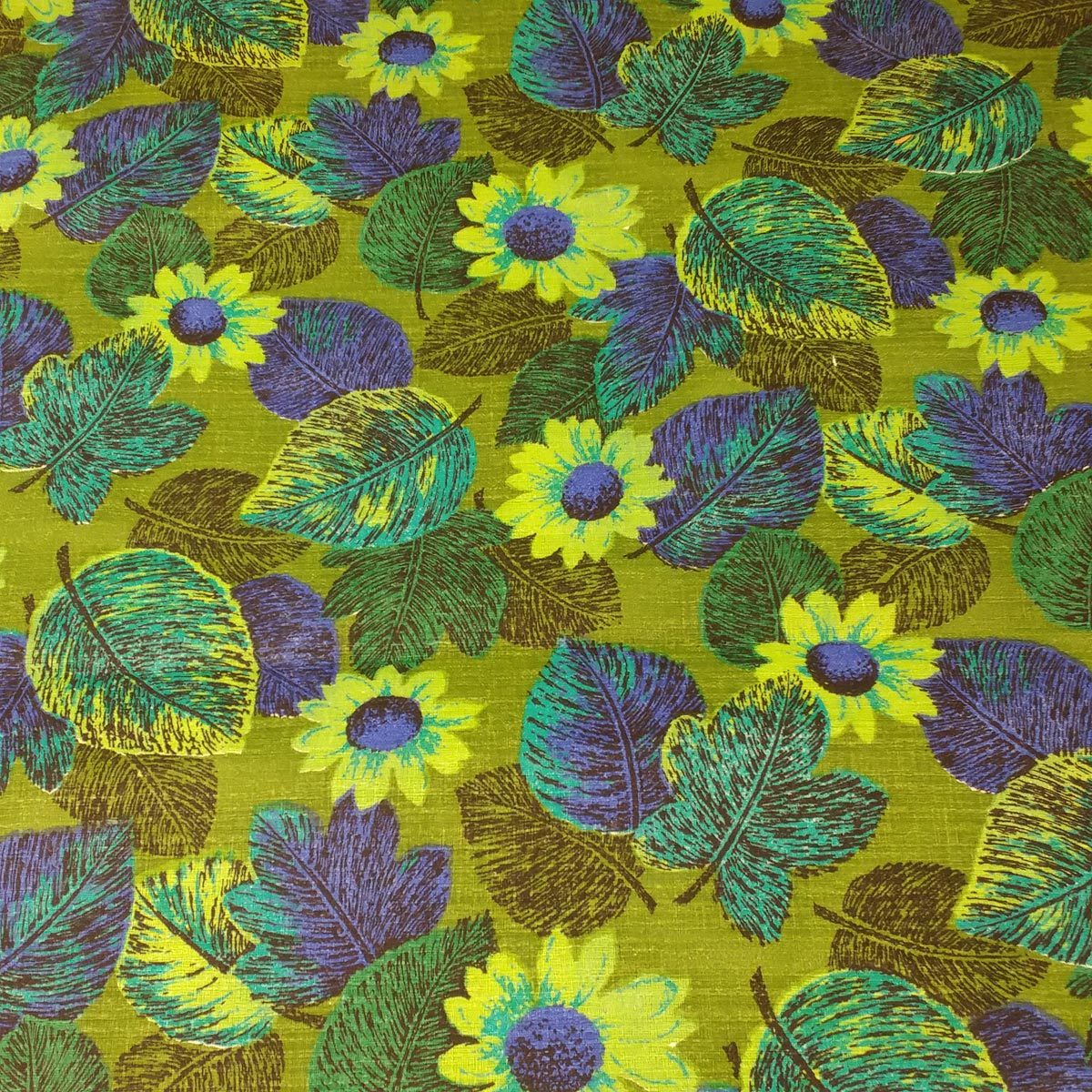 vtg barkcloth yardage 9.5+ yards floral sunflowers fall leaves blue green fabric