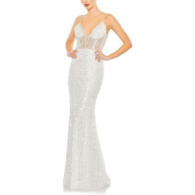 Mac Duggal Womens White Lace Embellished Illusion Evening Dress Gown 4 BHFO 6850