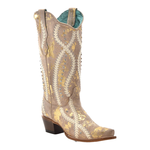 Pre-owned Corral Boots Corral Ladies Crystals & Studs White-golden Touches Beige Boots Z5246