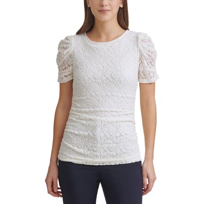 

Женская футболка цвета слоновой кости с кружевом и рюшами DKNY  BHFO 7351, Цвет слоновой кости
