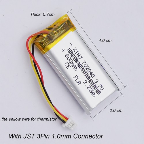 2pcs 3.7V 600mAh Li Lipo Battery 702040 Thermistor 3 Wires 3Pin 1.0mm Connector