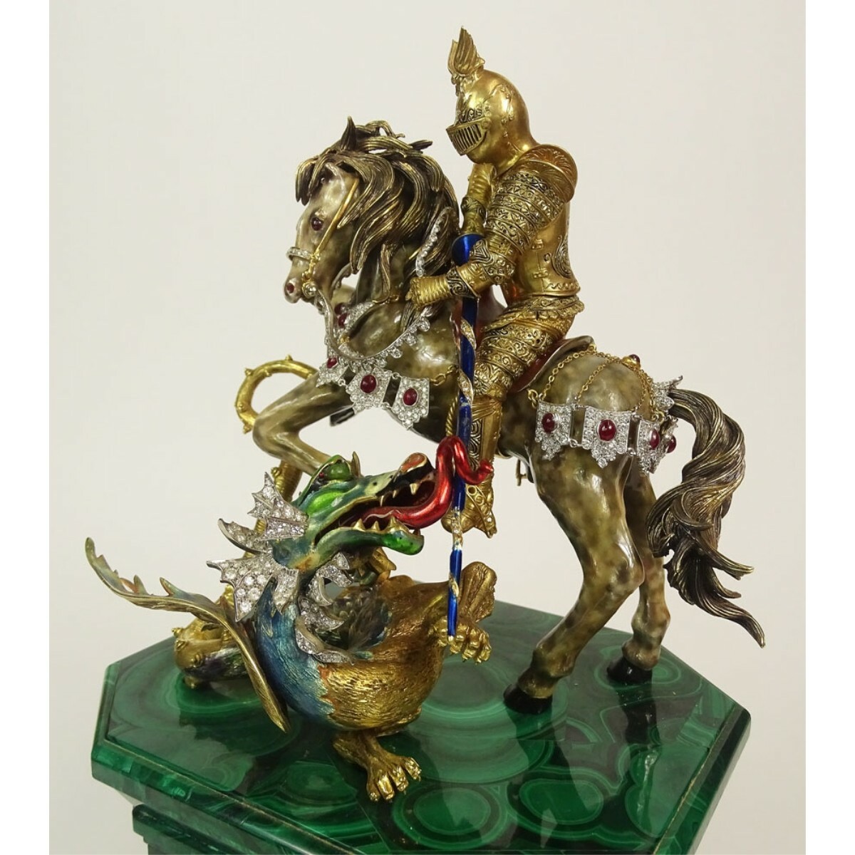 Enameled 18 Karat Yellow and White Gold Saint George and the Dragon Sculpture