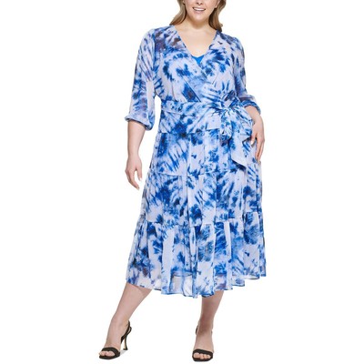 

Женское синее платье миди с поясом и поясом Calvin Klein Blue Tie Dye Plus  BHFO 8922, Capri
