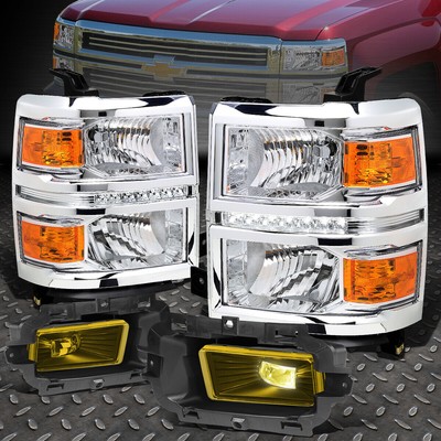 ДЛЯ 2014-2015 CHEVY SILVERADO 1500 ХРОМИРОВАННАЯ СВЕТОДИОДНАЯ ФАРА DRL + ПРОТИВОТУМАННАЯ ФАРА С ЯНТАРНЫМИ ЛИНЗАМИ