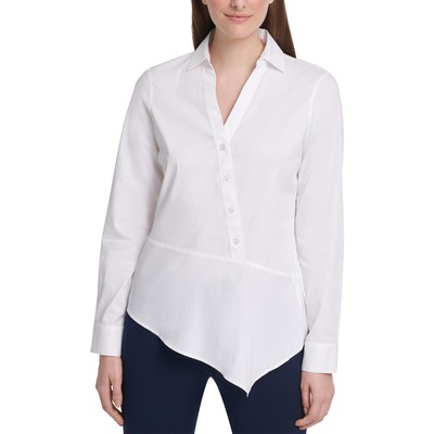 DKNY Womens White Asymmetric Peplum Collared Blouse Top L BHFO 6472