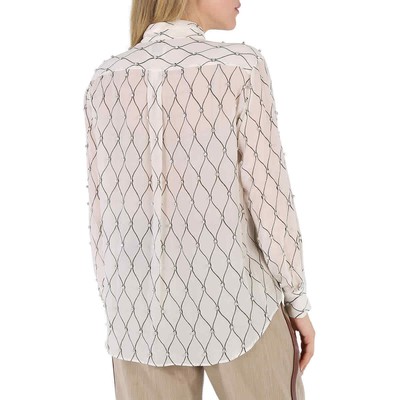 Pre-owned Burberry Net Print Crystal Detail Tie-neck Silk Shirt In White