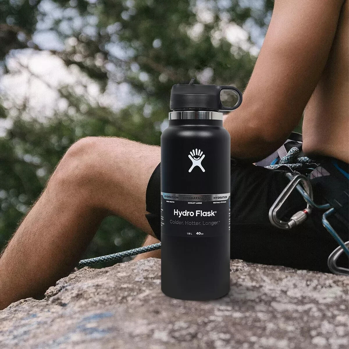 40oz BLACK Hydro Flask Water Bottle Stainless Steel Wide Mouth with Straw lid