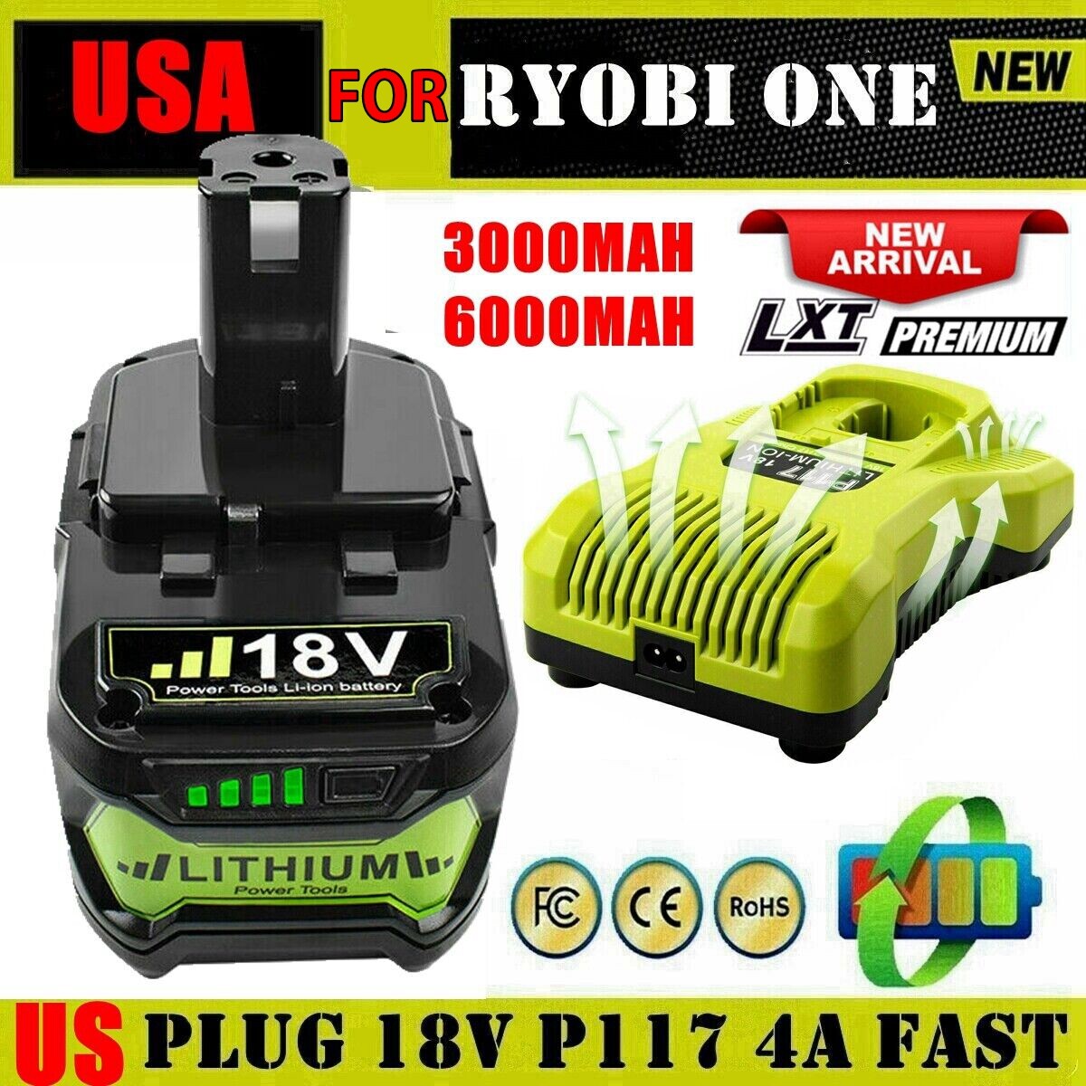 6AH For RYOBI P108 18 Volt One+ Plus High Capacity Lithium-ion Battery Charger M
