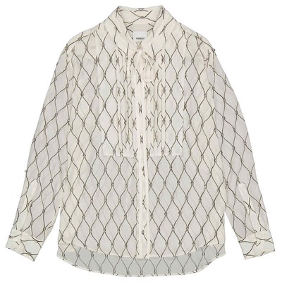Pre-owned Burberry Net Print Crystal Detail Tie-neck Silk Shirt In White