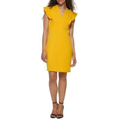 DKNY Womens Yellow Flutter Sleeve V-Neck Knee-Length Sheath Dress 14 BHFO 9244