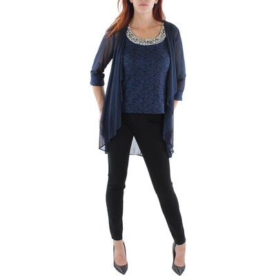 

R-M Richards Женский темно-синий сетчатый блейзер без воротника из 2 предметов Petites  BHFO 3960, Navy