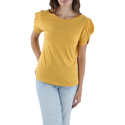 Женская желтая рубашка-пуловер с круглым вырезом и закручивающимися рукавами BCBGMAXAZRIA, L BHFO 3723