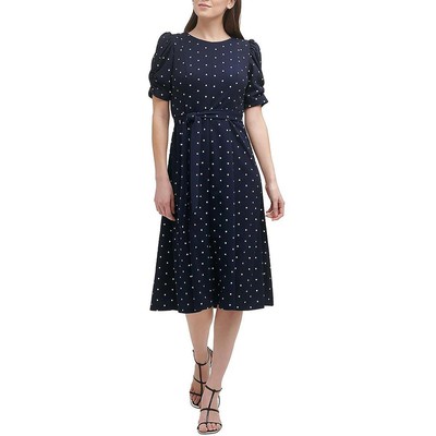 

Женское темно-синее трикотажное офисное платье миди в горошек DKNY  BHFO 9244, Navy/white