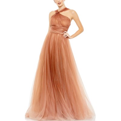Женское коричневое вечернее платье Mac Duggal с блестками на бретелях 14 BHFO 3102