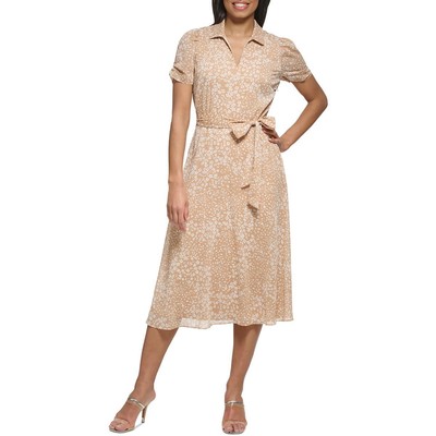 Женское бежевое шифоновое платье миди с поясом и принтом DKNY 6 BHFO 9942