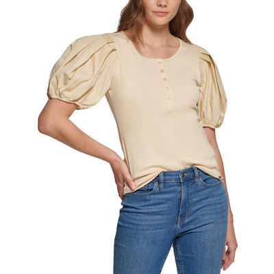 Calvin Klein Женская бежевая футболка Henley с пышными рукавами, пуловер, верхняя рубашка S BHFO 7510