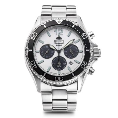 Pre-owned Orient Mako Rn-tx0203s White Panda Solar Chronograph Men's Watch Inbox Fedexdhl