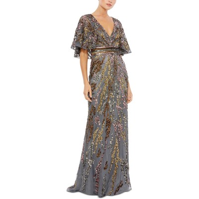 Pre-owned Mac Duggal Womens Gray Sequin Flutter Sleeve Evening Dress Gown 4 Bhfo 5999