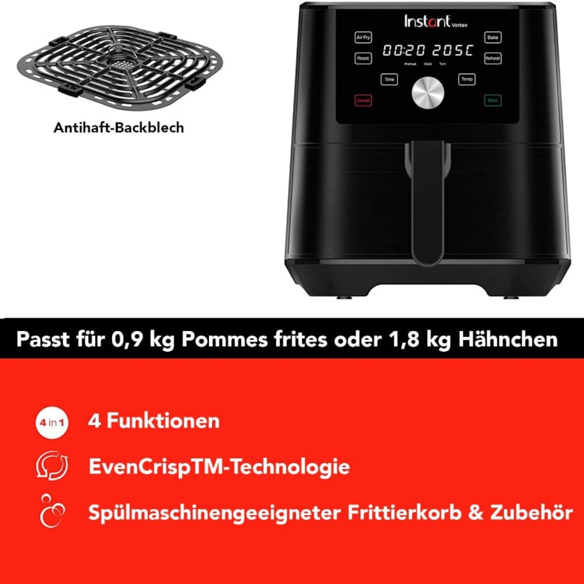 INSTANT POT Vortex 6 Plus Airfryer 4in1 Heißluftfritteuse 3,8L 1700W  schwarz - Bild 2 von 5