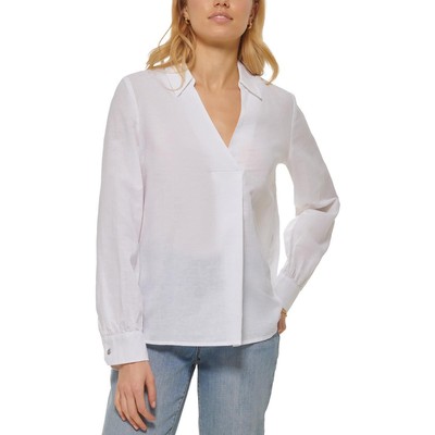 

DKNY Jeans Женская блузка с v-образным вырезом и воротником-туникой, верхняя рубашка BHFO 0104, Белый