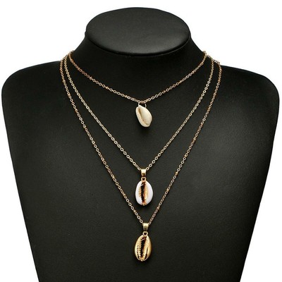 EMPIRE LADIES SHELL NECKLACE COWRY SHELL 3ER CHAIN 750 GOLD 18K GOLD PLATED A3314