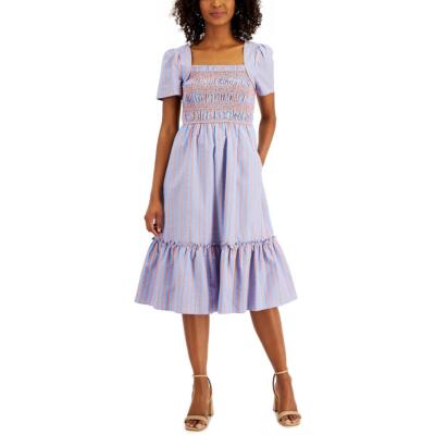 

Женское голубое платье миди в полоску Tahari ASL с присборенной икрой  BHFO 7664, Blue/coral