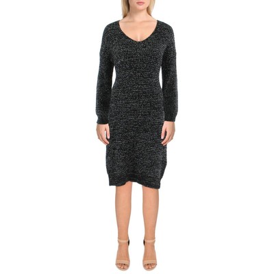 

Black Tape_ Женское черное вязаное платье до колена с v-образным вырезом  BHFO 5299, Black multi