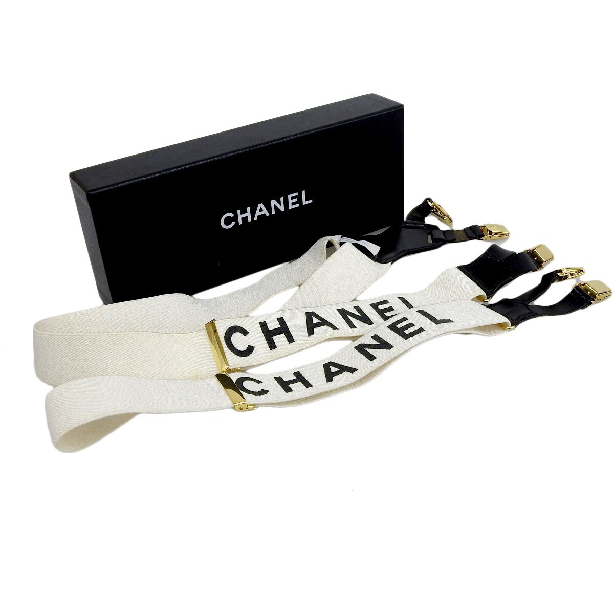 ヴィンテージ シャネル CHANEL Logo CC Suspenders White Gold Canvas Leather Vintage
