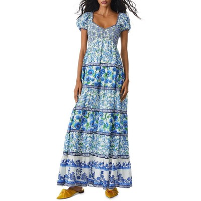 

Женское синее платье макси с длинными рукавами-фонариками Alice and Olivia  BHFO 6974, Perfect pansy multi