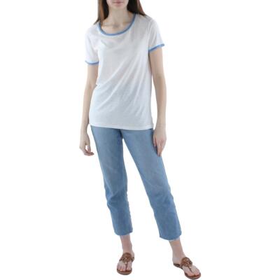 

Женская белая футболка с круглым вырезом Standard James Perse Top  BHFO 6423, White/blue