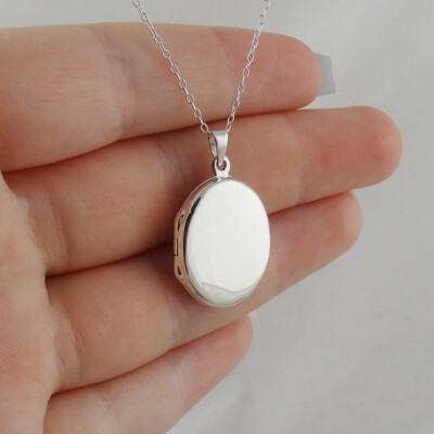 Plain Oval Locket Necklace - 925 Sterling Silver Engravable Two Sided Photo NEW