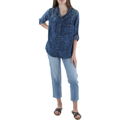 

Billy T Женская синяя рубашка на пуговицах с животным принтом из тенселя  BHFO 7123, Blue/navy print