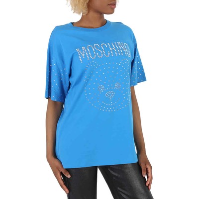 Pre-owned Moschino Blue Crystal Teddy Bear Oversize Cotton T-shirt
