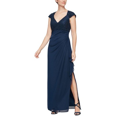 Alex Evenings Женское длинное вечернее платье с темно-синим кружевным лифом 12 BHFO 8482