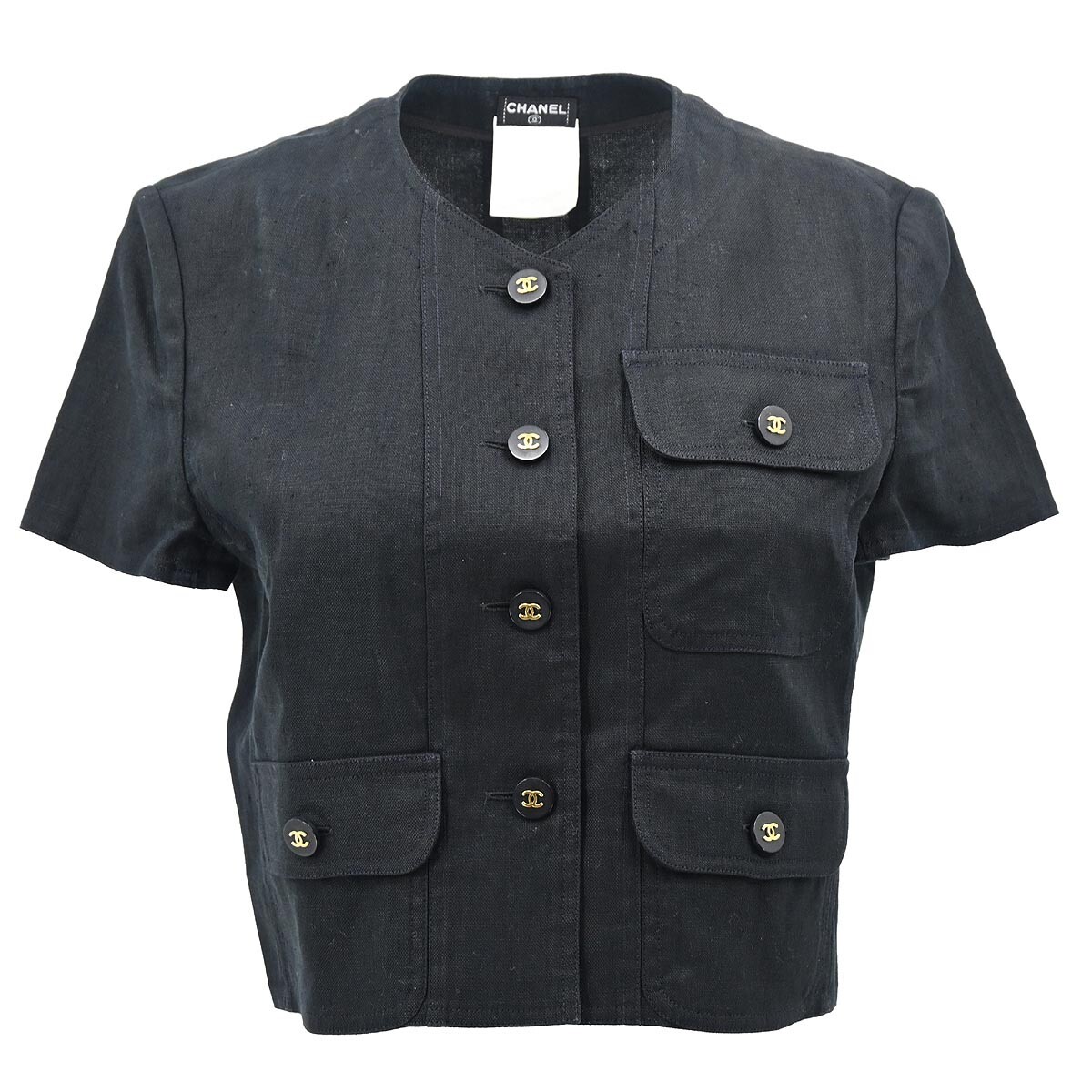 Chanel Single Breasted Short Sleeve Collarless Jacket Black