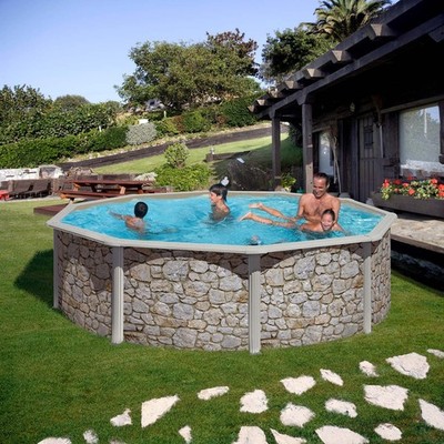 Stahlwandpool Gre GIANT Set rund 460x120cm Pool stein Folie blau Leiter Skimmer