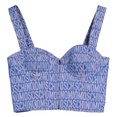 Pre-owned Moschino Ladies Fantasy Print Blue Monogram Denim Cropped Top In Multicolor