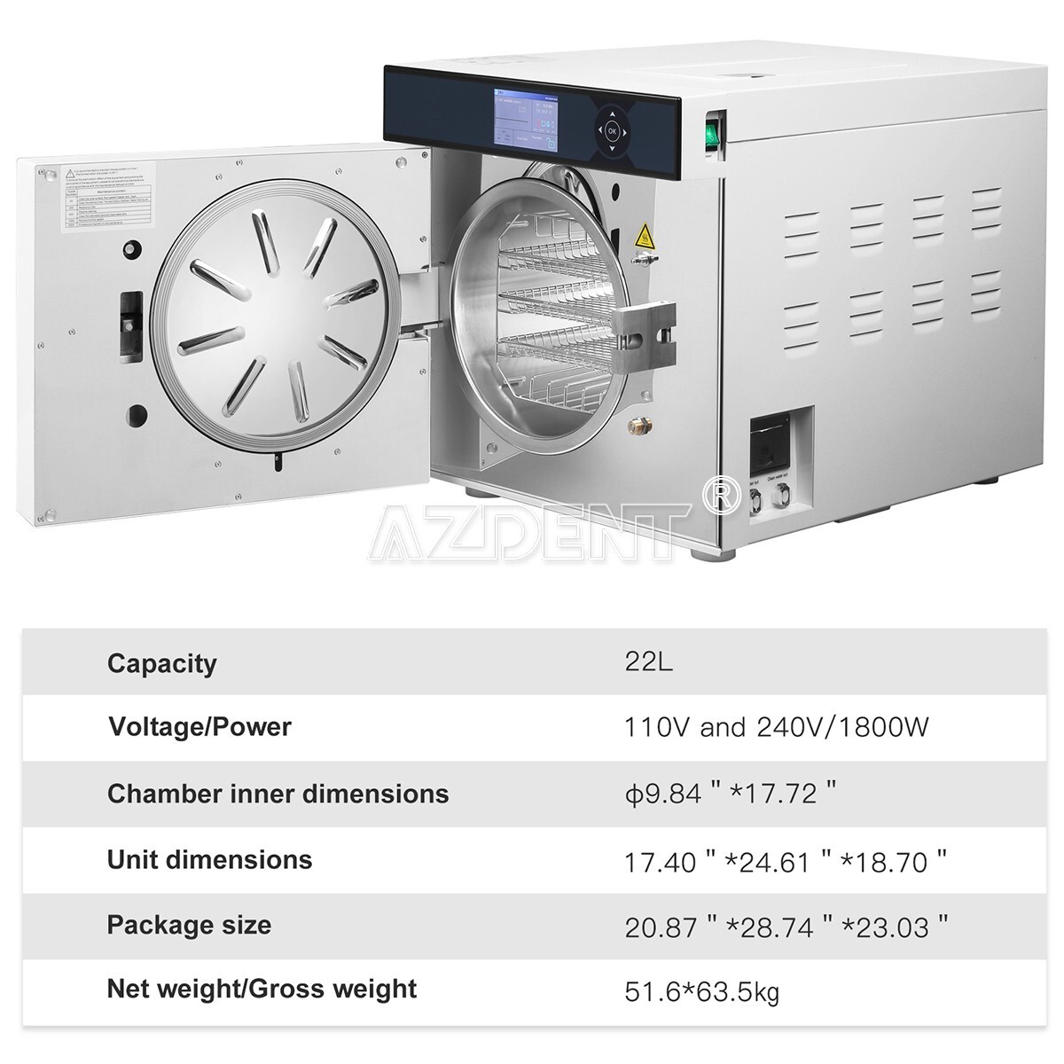 22L Class B Dental Medical Autoclave Steam Sterilizer with Data Printer Drying