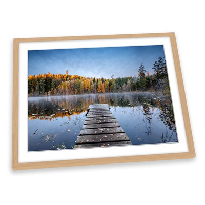Autumn Pier Lake Frost Landscape Mist FRAMED ART PRINT Picture Artwork